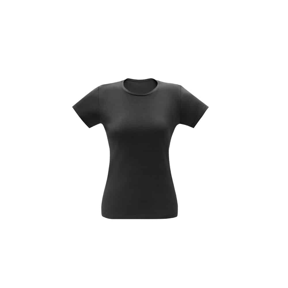 Camiseta feminina de corte cinturado em malha 100% algodão (170 g/m2) com fio 30/1 penteado.