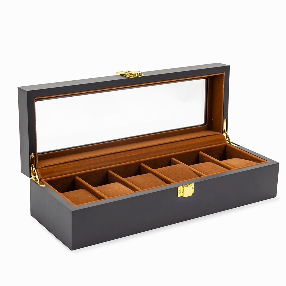 PORTA-RELÓGIOS COM 6 DIVISÓRIAS SPX-P$01113-PRE NA COR TRANSPARENTE